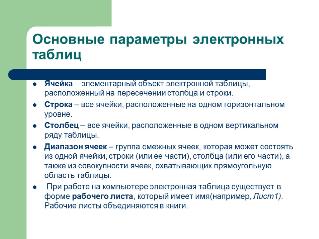 Основные параметры электронных таблиц Ячейка – элементарный объект электронной таблицы, расположенный на пересечении столбца